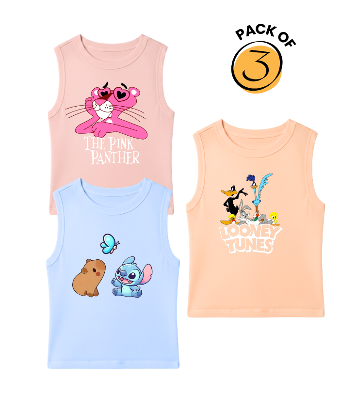 Kids Pack of 3 Sleeveless T-Shirts - Pink Panther | Stitch Capybara | Looney Tunes Gang