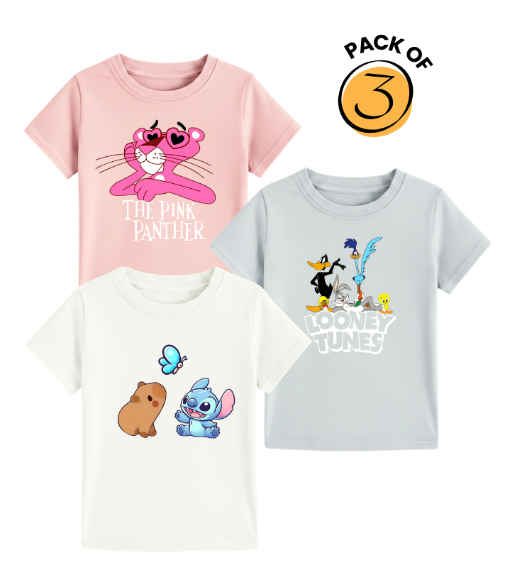 Iconic Cartoon Mix Kids Graphic Tee Set – 3 Pack Pastel Character Edition