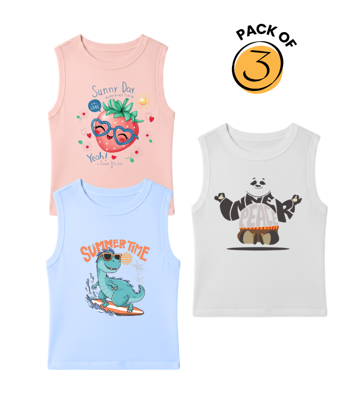 Kids Pack of 3 Sleeveless T-Shirts - Sunny Strawberry | Summer Time Dino | Inner Peace Panda