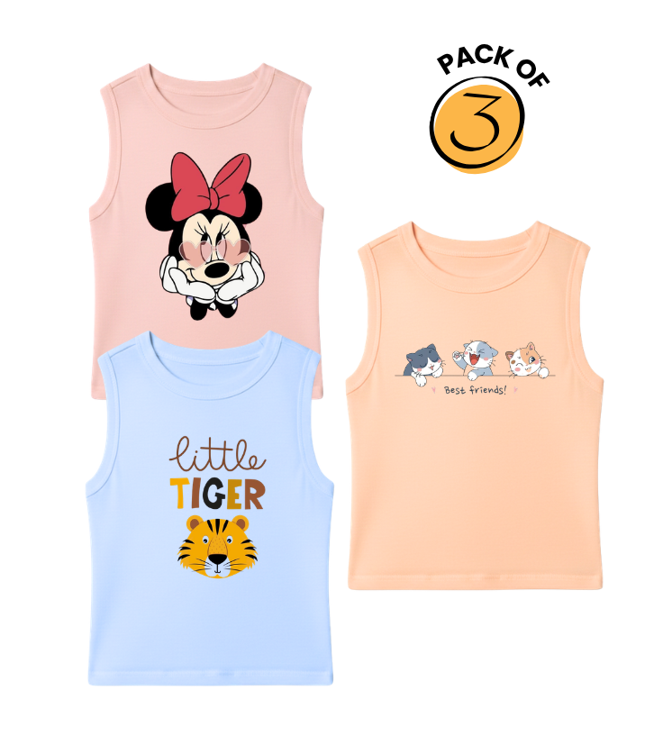 Kids Pack of 3 Sleeveless T-Shirts - Minnie Mouse | Little Tiger | Best Friends Cats