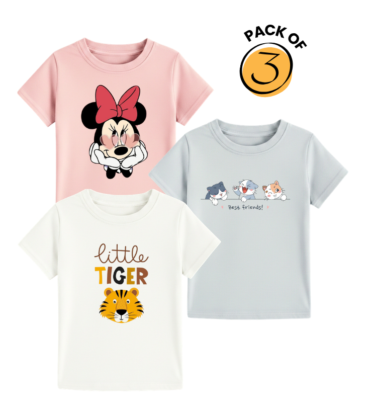 Character Graphic T-Shirts - Minnie Mouse, Tiger & Puppies Pack Of 3