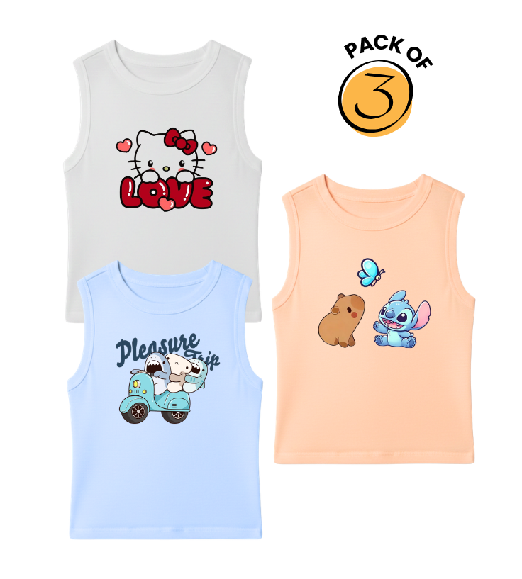 Kids Pack of 3 Sleeveless T-Shirts - Hello Kitty Love | Pleasure Trip | Stitch Capybara