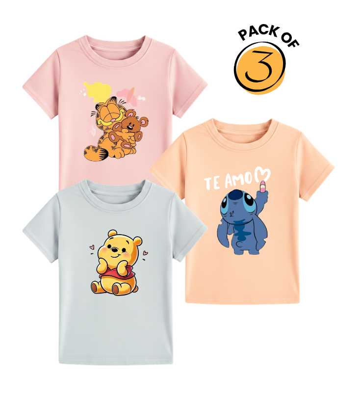 Kids adorable Cartoon Character Tees - Garfield, Pooh & Stitch Pack Of 3