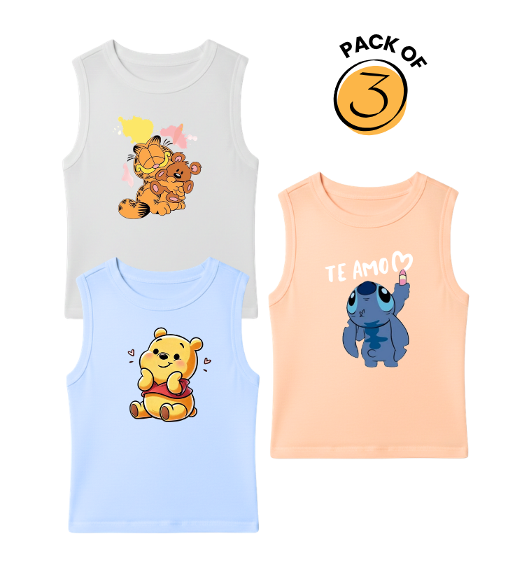 Kids Pack of 3 Sleeveless T-Shirts - Garfield Teddy | Winnie the Pooh | Stitch Te Amo