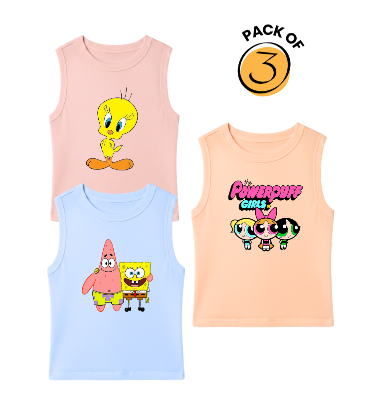 Kids Pack of 3 Sleeveless T-Shirts - Tweety Bird | Spongebob Patrick | Powerpuff Girls