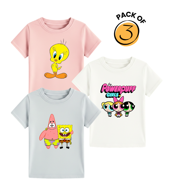 Kids Cartoon Trio Pack - Tweety, SpongeBob & Powerpuff Girls Tees Pack of 3