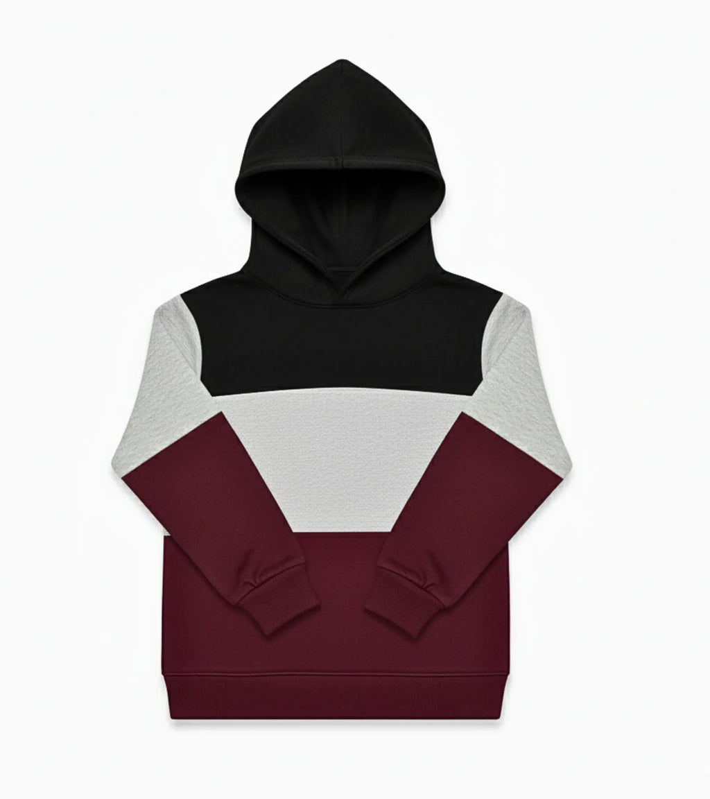 Color Block Kids Fleece Hoodie – Black, Maroon, & Grey