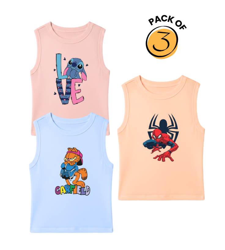 Kids Pack of 3 Sleeveless T-Shirts - Stitch Love | Garfield Cool | Spiderman
