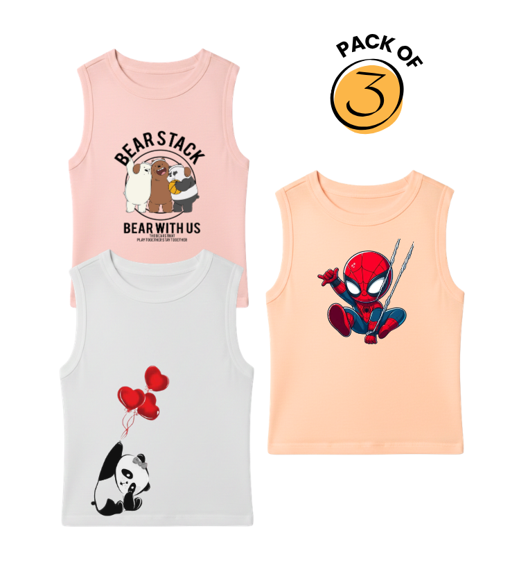 Kids Pack of 3 Sleeveless T-Shirts - Bear Stack | Panda with Balloons | Spiderman Swing