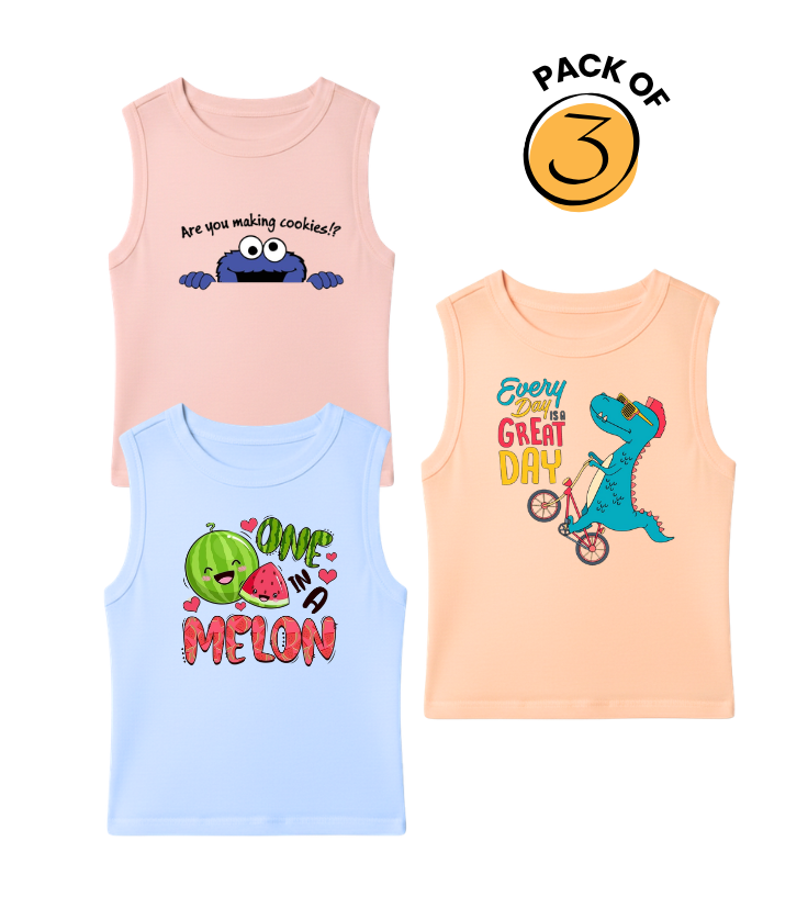 Kids Pack of 3 Sleeveless T-Shirts - Cookie Monster | One in a Melon | Every Day Great Day Dino