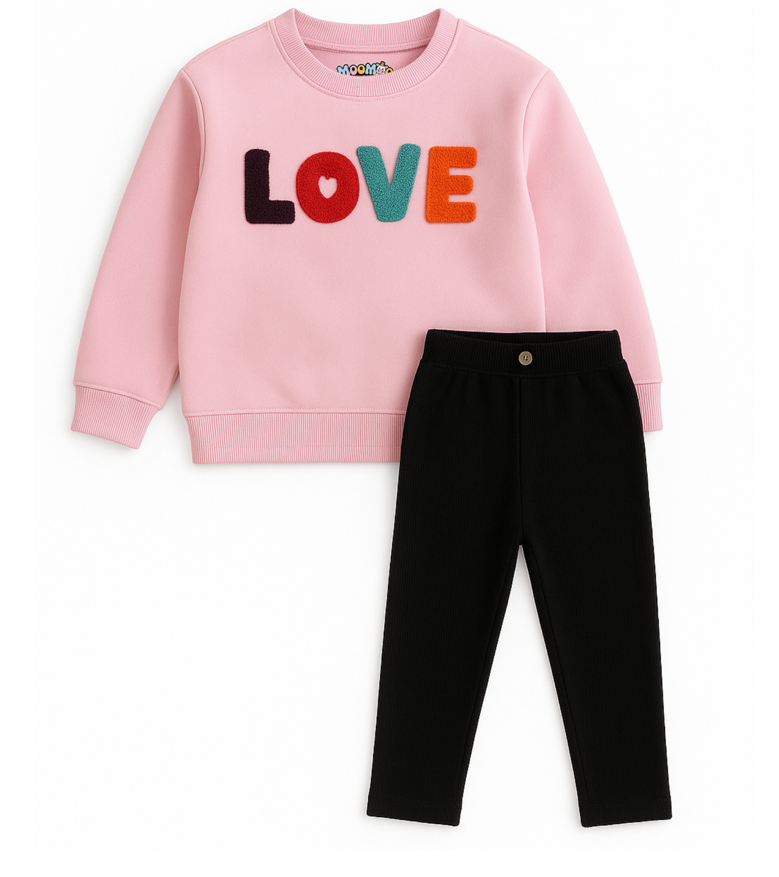 Kids Pink Love Fleece Sweatshirt Set | Black Trouser
