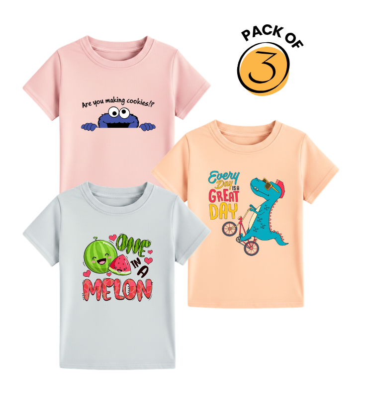 Kids' Fun Slogan T-Shirt Collection - Cookie Monster, Melon & Dino Pack Of 3