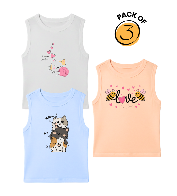 Kids Pack of 3 Sleeveless T-Shirts - Give Me More Love Cat | Stacked Cats | Bee Love