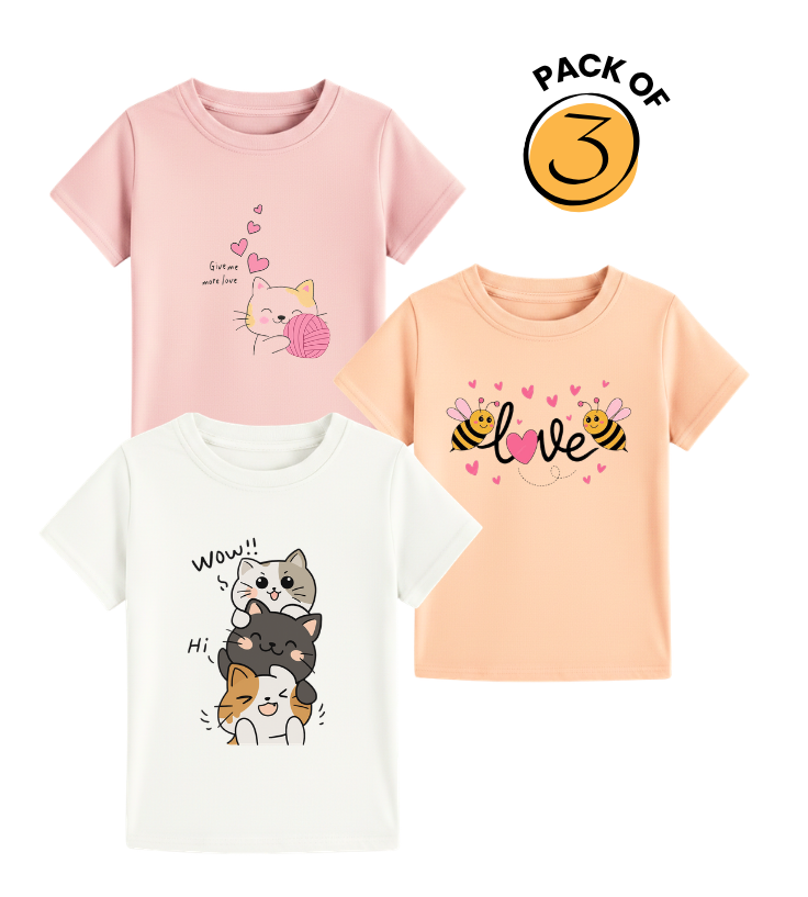 Girls' Sweet Animal Friends Tee Trio - Kitten, Bees & Cats Pack Of 3