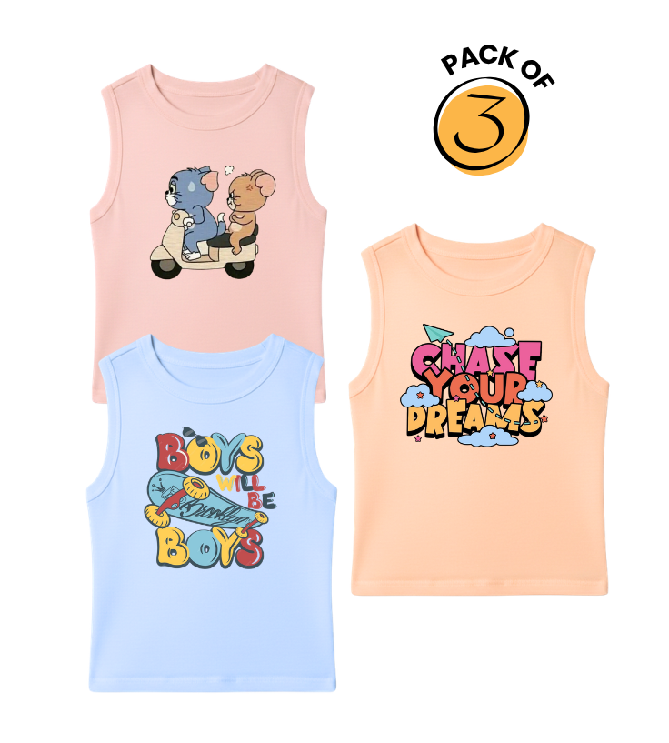 Kids Pack of 3 Sleeveless T-Shirts - Tom and Jerry Scooter | Boys Will Be Boys | Chase Your Dreams