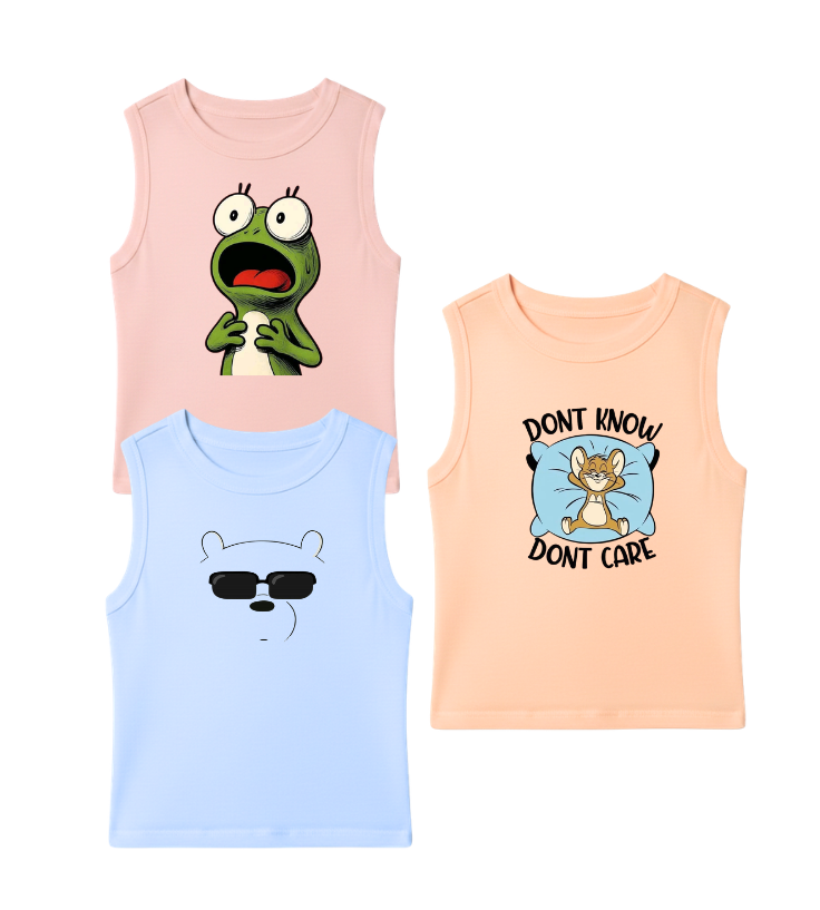 Kids Pack of 3 Sleeveless T-Shirts - Surprised Frog | Cool Bear Sunglasses | Dont Know Dont Care Jerry