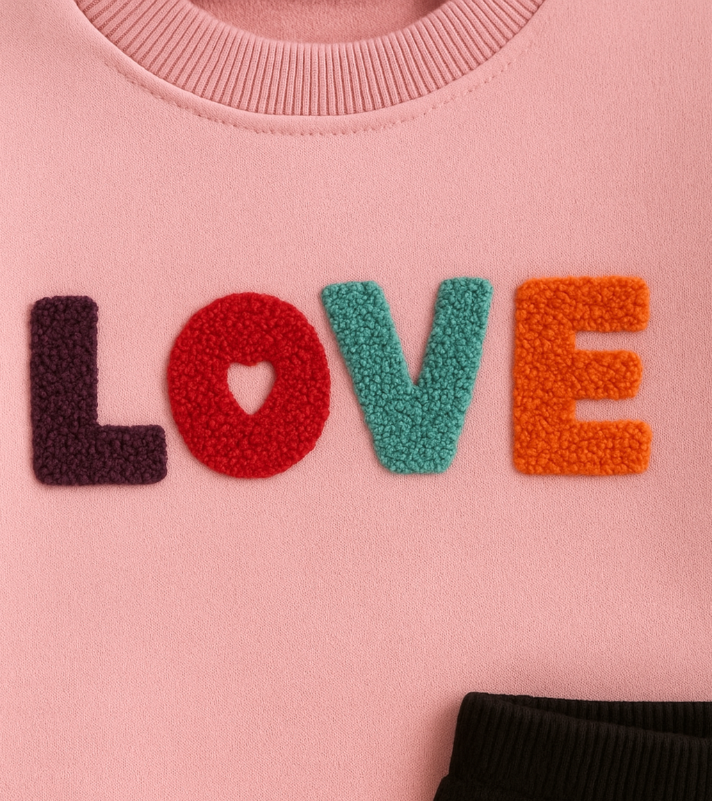Kids Pink Love Fleece Sweatshirt Set | Black Trouser