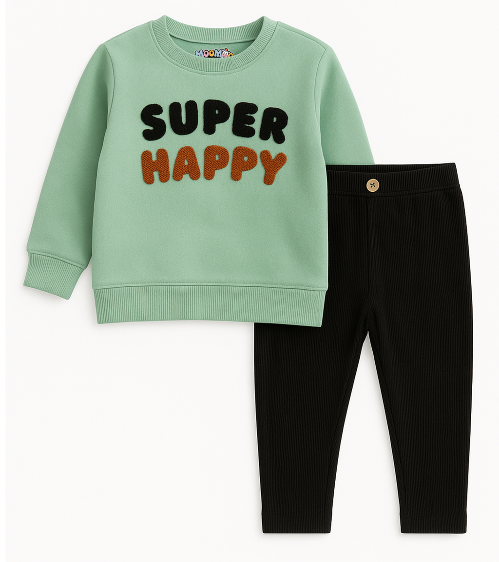 Kids Green Super Happy Sweatshirt Set | Black Trouser