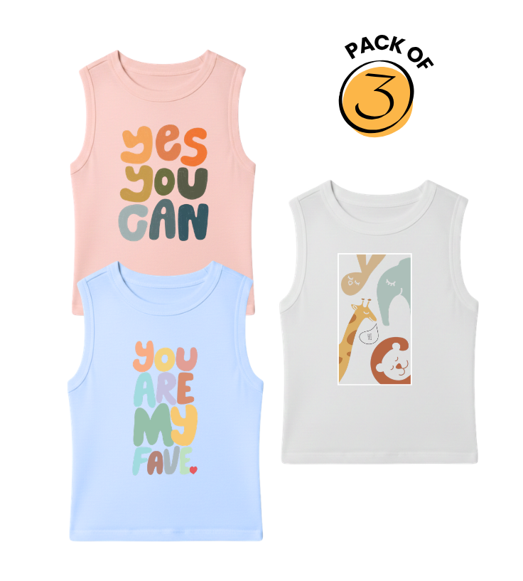 Kids Pack of 3 Sleeveless T-Shirts - Yes You Can | You Are My Fav | Safari Animals