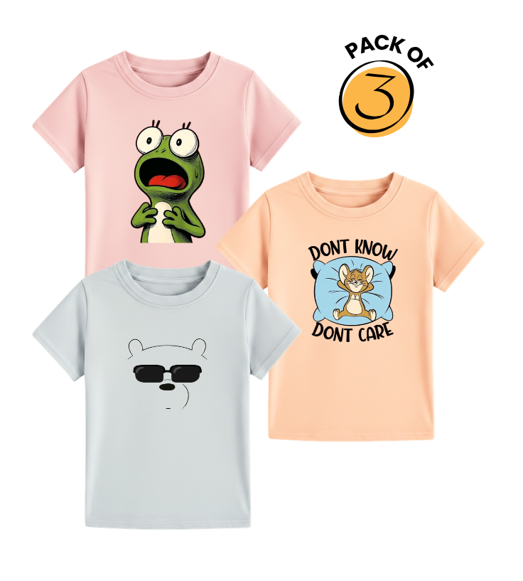 Kids' Funny Expression T-Shirt Set - Frog, Cool Bear & Mouse Pack Of 3