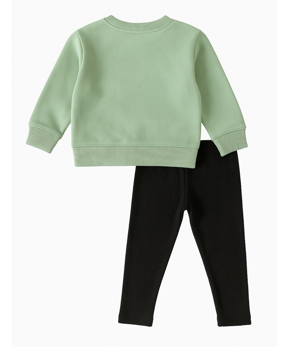 Kids Green Super Happy Sweatshirt Set | Black Trouser