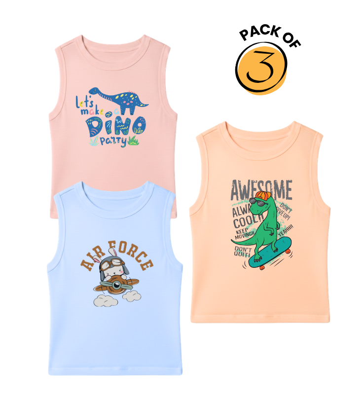 Kids Pack of 3 Sleeveless T-Shirts - Dino Party | Air Force Bunny | Awesome Cool Dino
