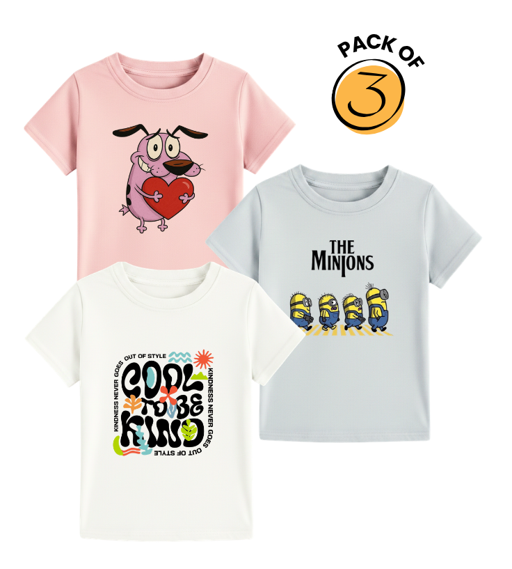 Kids' Cartoon & Slogan Tee Variety Pack - Courage, Minions & Cool Vibes Pack Of 3