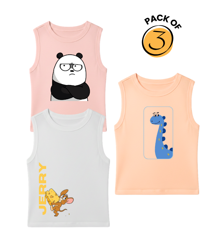 Kids Pack of 3 Sleeveless T-Shirts - Grumpy Panda | Jerry with Cheese | Blue Dino