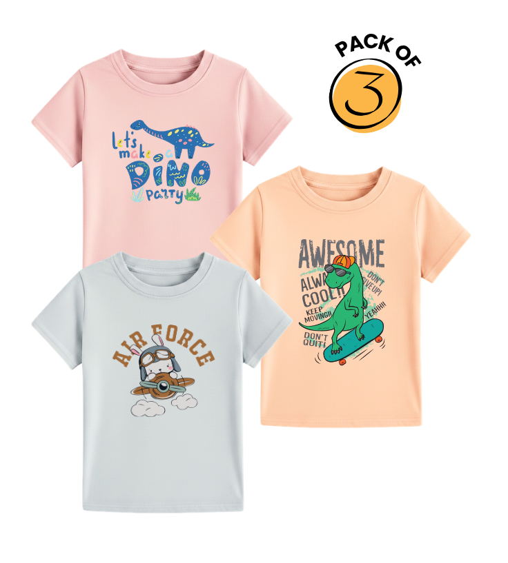 Kids' Dino-Themed Graphic Tees - Party Time, Air Force & Awesome Skater Pack Of 3