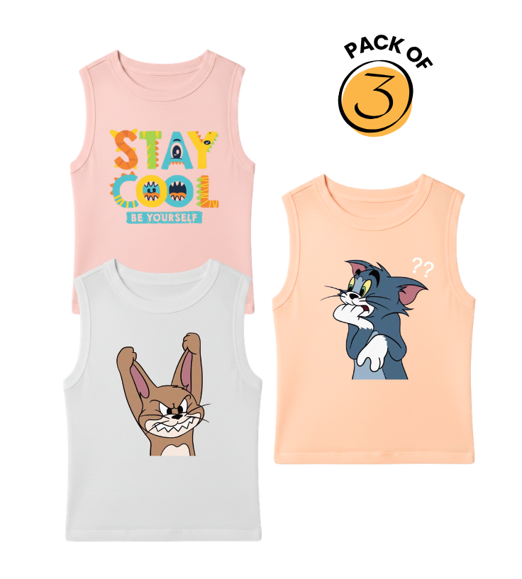 Kids Pack of 3 Sleeveless T-Shirts - Stay Cool Be Yourself | Angry Bunny | Tom Cat Confused