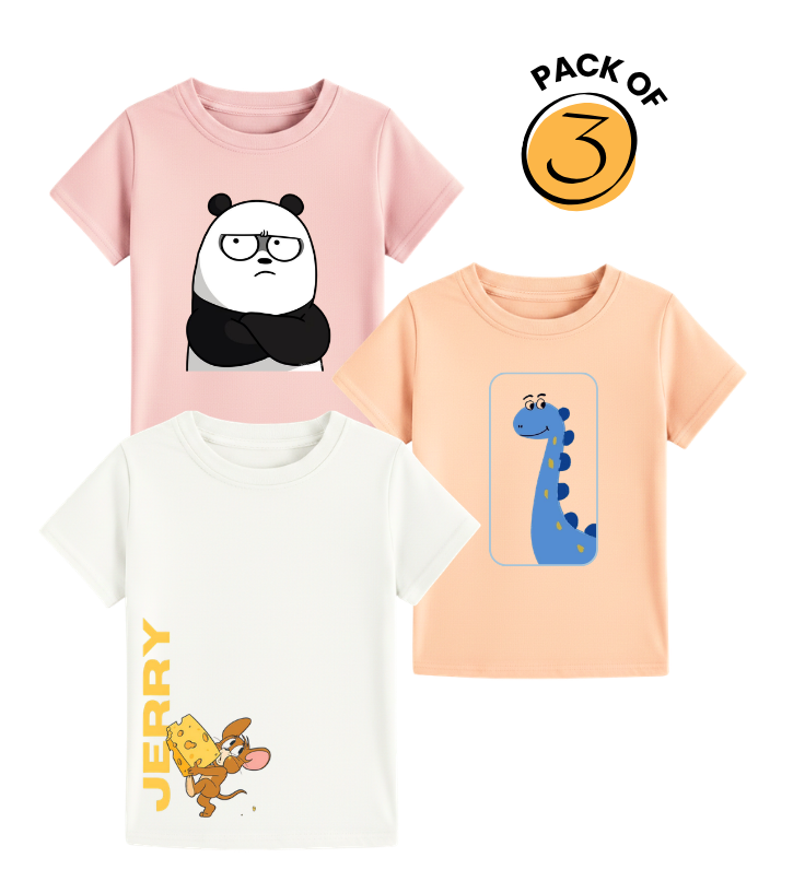 Kids' Dino-Themed Graphic Tees - Party Time, Air Force & Awesome Skater Pack Of 3
