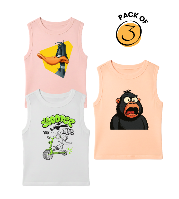Kids Pack of 3 Sleeveless T-Shirts - Daffy Duck | Scooter Gang Dog | Gorilla Surprised