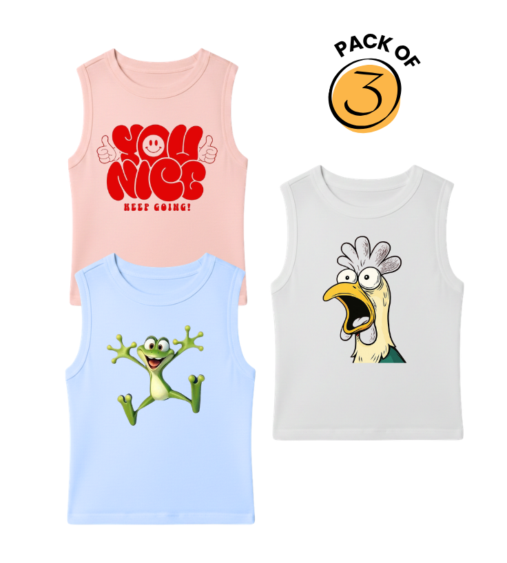 Kids Pack of 3 Sleeveless T-Shirts - You Nice Keep Going | Happy Frog | Funny Chicken