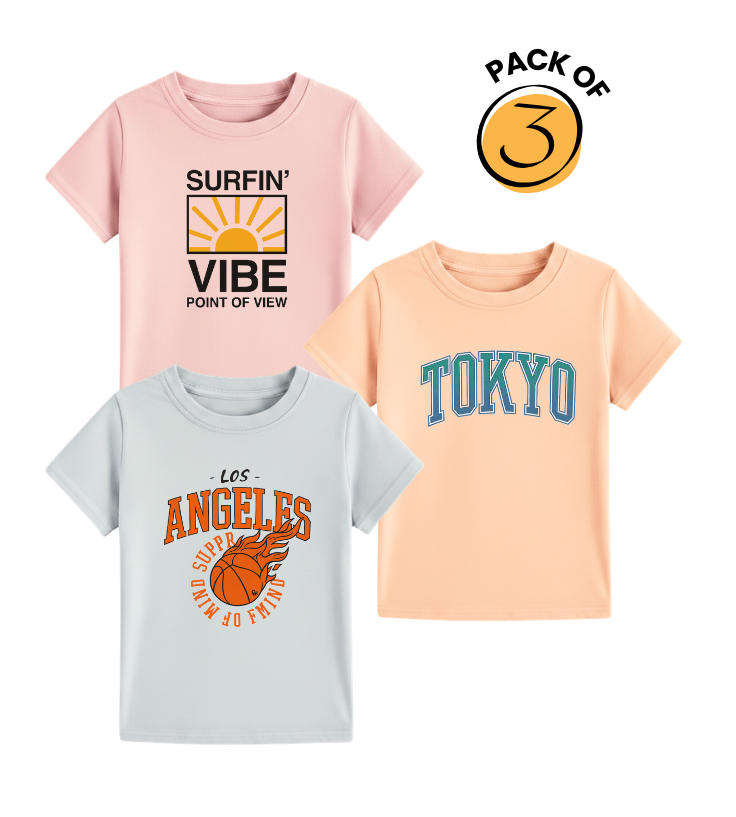 Kids Graphic Tee Set – 3 Pack Surf, Tokyo, and LA Themes