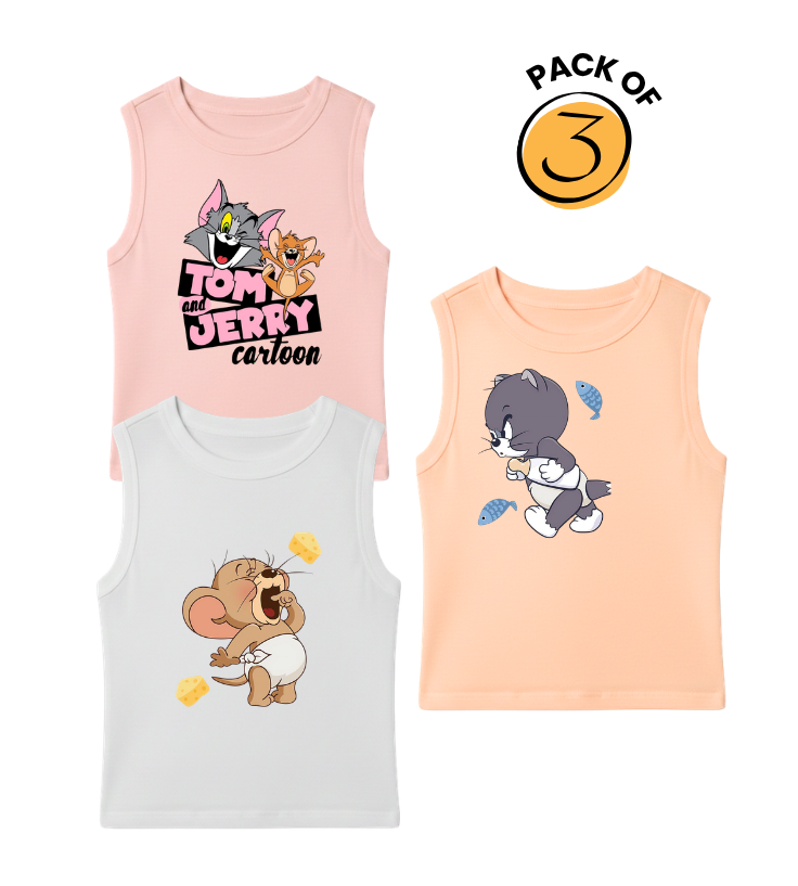 Kids Pack of 3 Sleeveless T-Shirts - Tom and Jerry Cartoon | Baby Jerry Cheese | Baby Tom Fish
