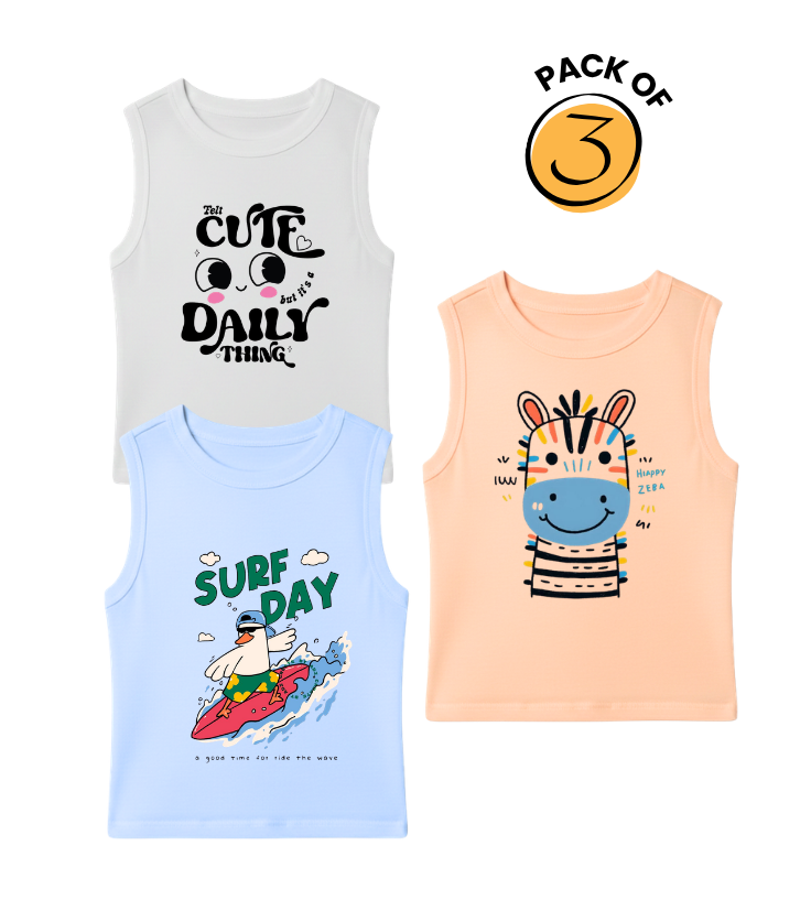 Kids Pack of 3 Sleeveless T-Shirts - Felt Cute Daily | Surf Day Duck | Happy Zebra