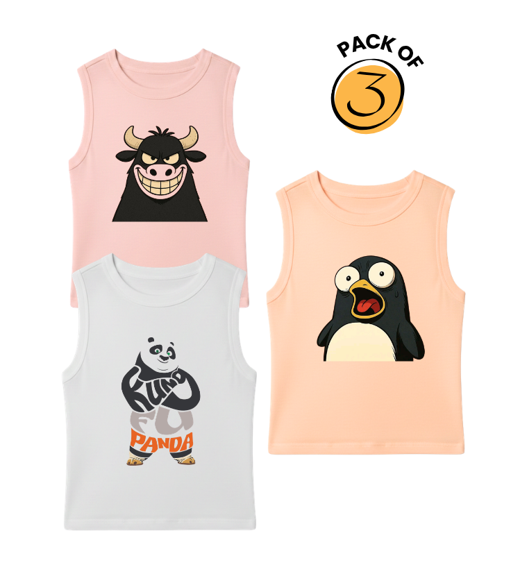 Kids Pack of 3 Sleeveless T-Shirts - Bull Character | Kung Fu Panda | Surprised Penguin