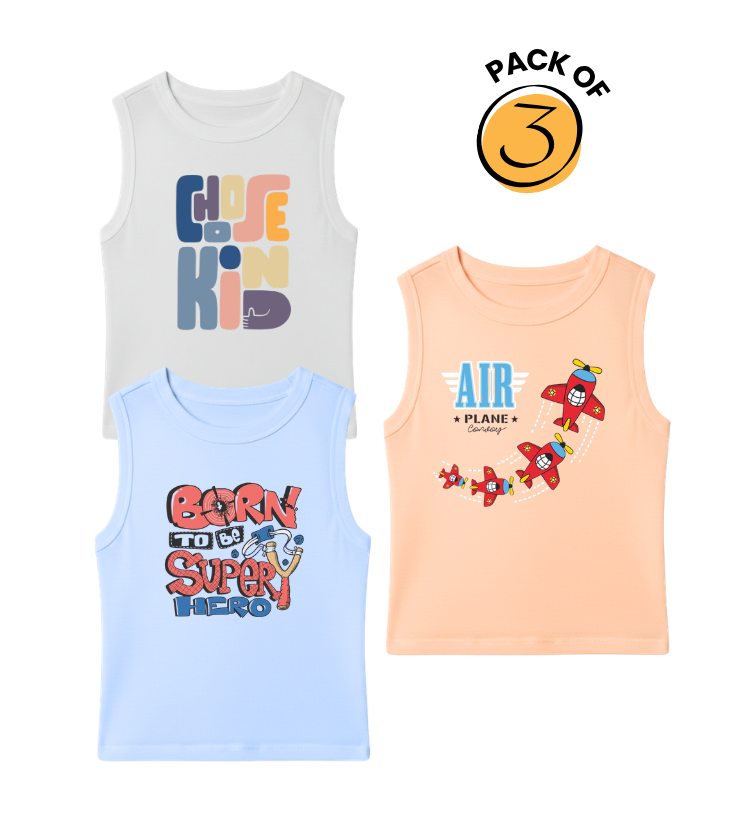 Kids Pack of 3 Sleeveless T-Shirts - Choose Kind Kid | Born to be Superhero | Air Plane