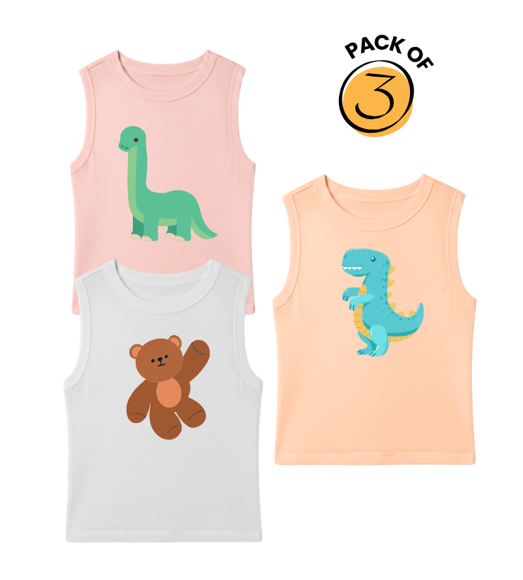 Kids Pack of 3 Sleeveless T-Shirts - Green Dino | Teddy Bear | T-Rex Blue