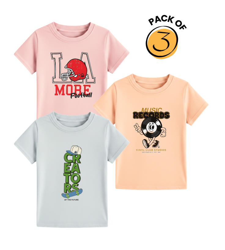 Retro Sport & Music Kids Graphic Tee Set – Pack of 3