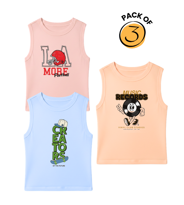 Kids Pack of 3 Sleeveless T-Shirts - LA More Football | Creators | Music Records
