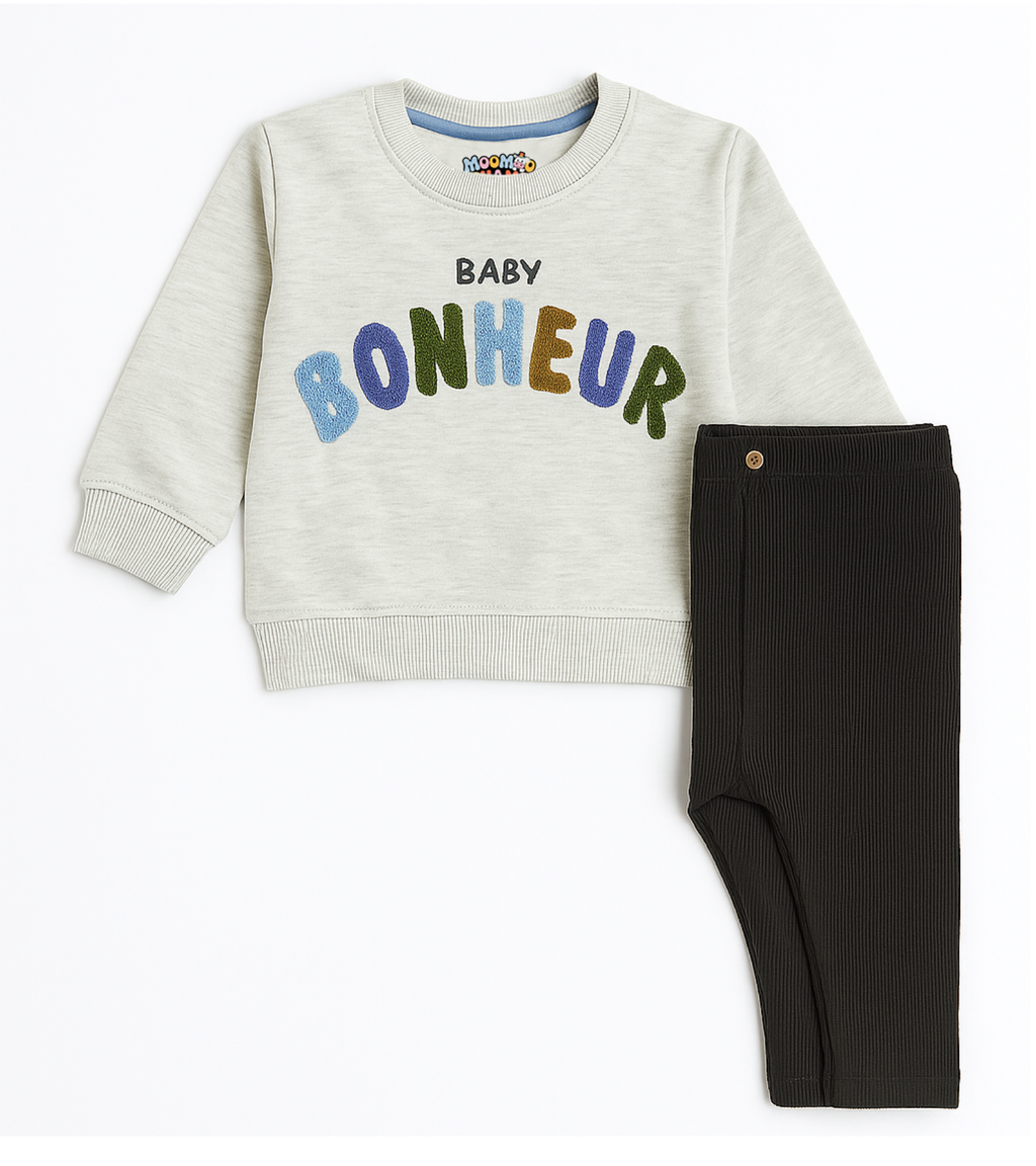Kids Bonheur Print Fleece Sweatshirt Set | Black Trouser