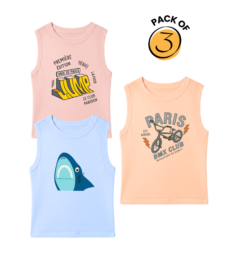 Kids Pack of 3 Sleeveless T-Shirts - BMX Paris Hump | Shark | Paris BMX Club
