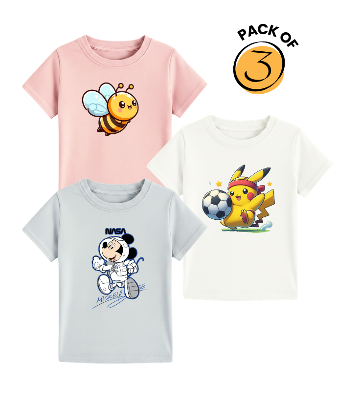 Cute Character & Space Adventure Kids Graphic Tee Set – 3 Pack