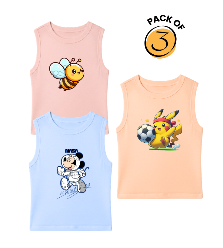 Kids Pack of 3 Sleeveless T-Shirts - Cute Bee | NASA Mickey | Pikachu Football