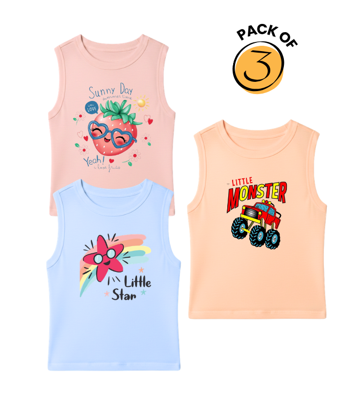 Kids Pack of 3 Sleeveless T-Shirts - Sunny Day Strawberry | Little Star | Little Monster