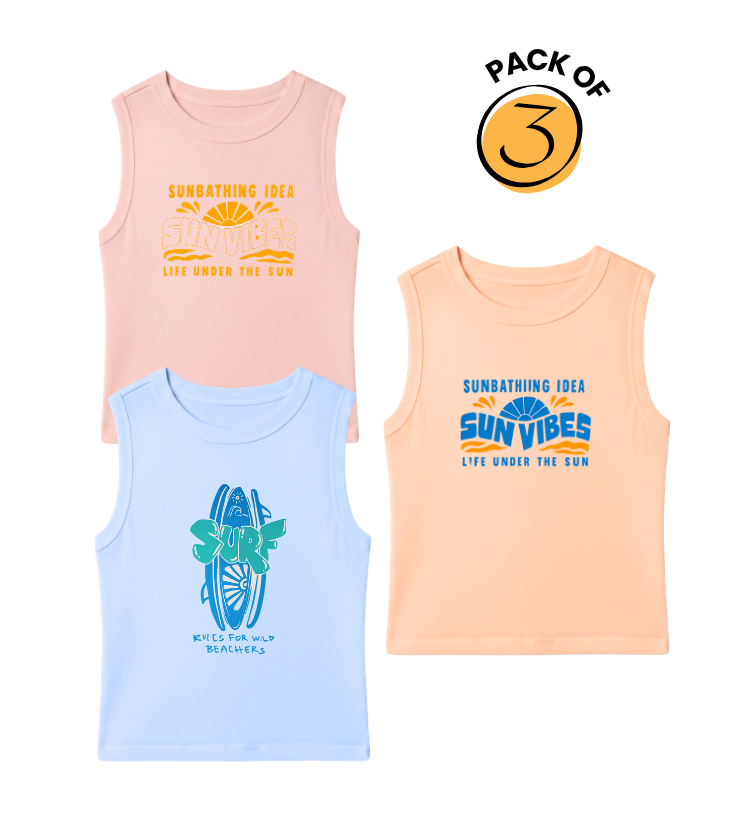 Kids Pack of 3 Sleeveless T-Shirts - Sun Vibes | Surf | Sun Vibes Blue