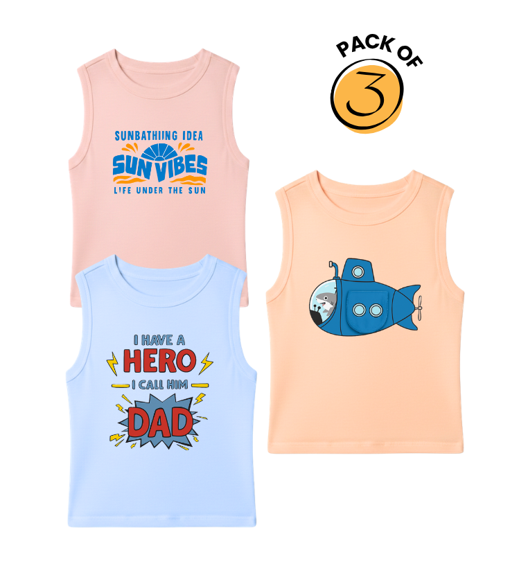 Kids Pack of 3 Sleeveless T-Shirts - Sun Vibes | Hero Dad | Submarine
