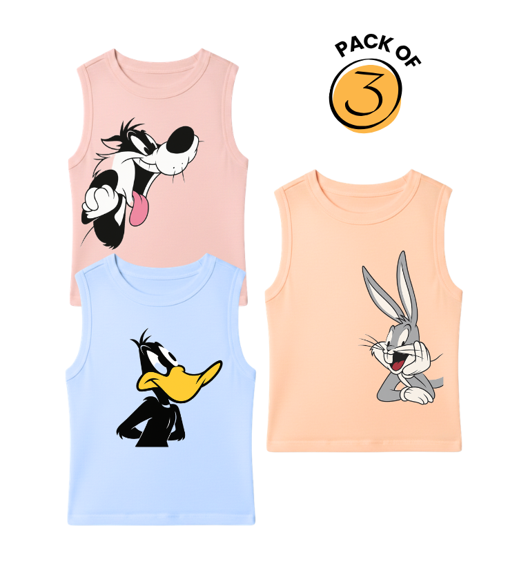 Kids Pack of 3 Sleeveless T-Shirts - Sylvester | Daffy Duck | Bugs Bunny
