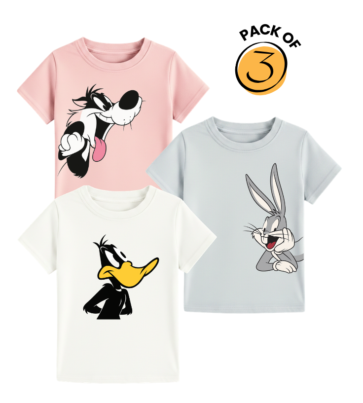 Classic Cartoon Kids Graphic Tee Set – 3 Pack Pastel Character Collection
